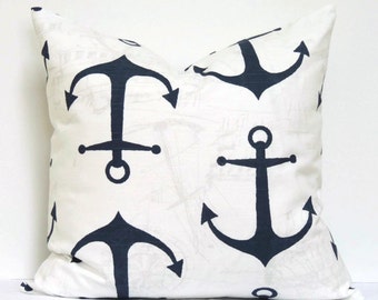 Nautical Anchor Pillow Covers , 20x20 Decorative Pillows, Lake House Decor, Beach House Accent, Summer Pillow, Anchors Premier Navy Slub