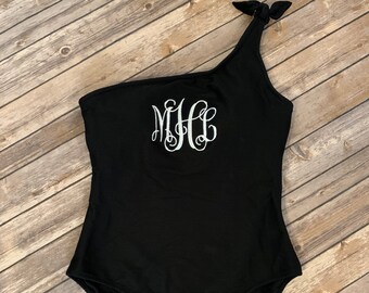 Embroidery Monogrammed Black Swimsuit One-Piece One shoulder Bathing Suit