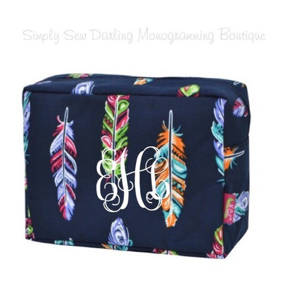 Embroidered Personalized Monogrammed Aztec Navy Feather Cosmetic Makeup Case