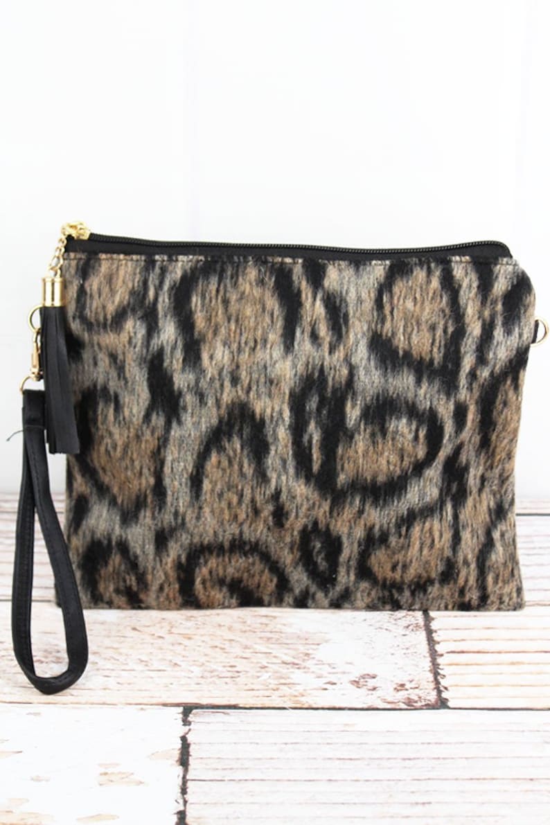 Personalized Monogrammed Embroidered Animal Print Fur Tassel Crossbody Clutch