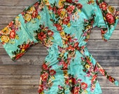 SALE Embroidered Monogrammed Silk Satin Floral Kimono Robe Bridesmaid Bride Robes in White Light Blue