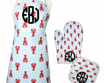 Monogrammed Embroidered Lobster Apron, Oven Mitt, and Pot Holder Set