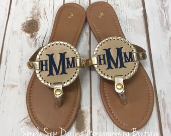 Embroidered Monogrammed Tan and Gold Whipstitch Medallion Sandals