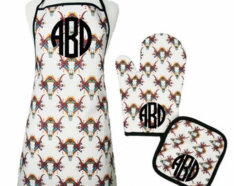 Monogrammed Embroidered Western Steer Print  Apron, Oven Mitt, and Pot Holder Set