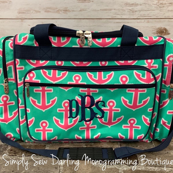 Embroidered Personalized Monogrammed  Preppy Navy Mint Pink Anchor Nautical Duffle bag