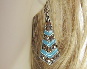 Geometric Boho Long Dangle Earrings, Unique Hippie Earrings With Blue Enamel Chevrons and Rhinestone Crystals, Unique Fun