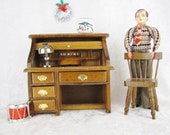 Dollhouse Roll Top Desk Chair Shabby Chic Doll Office Furniture Miniature Oak Desk and Accessories Christmas Gifts For Her 1 12 Scale