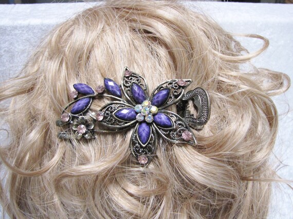 Gold Flower Hair Clip, Lavender Gem & Rhinestone … - image 3