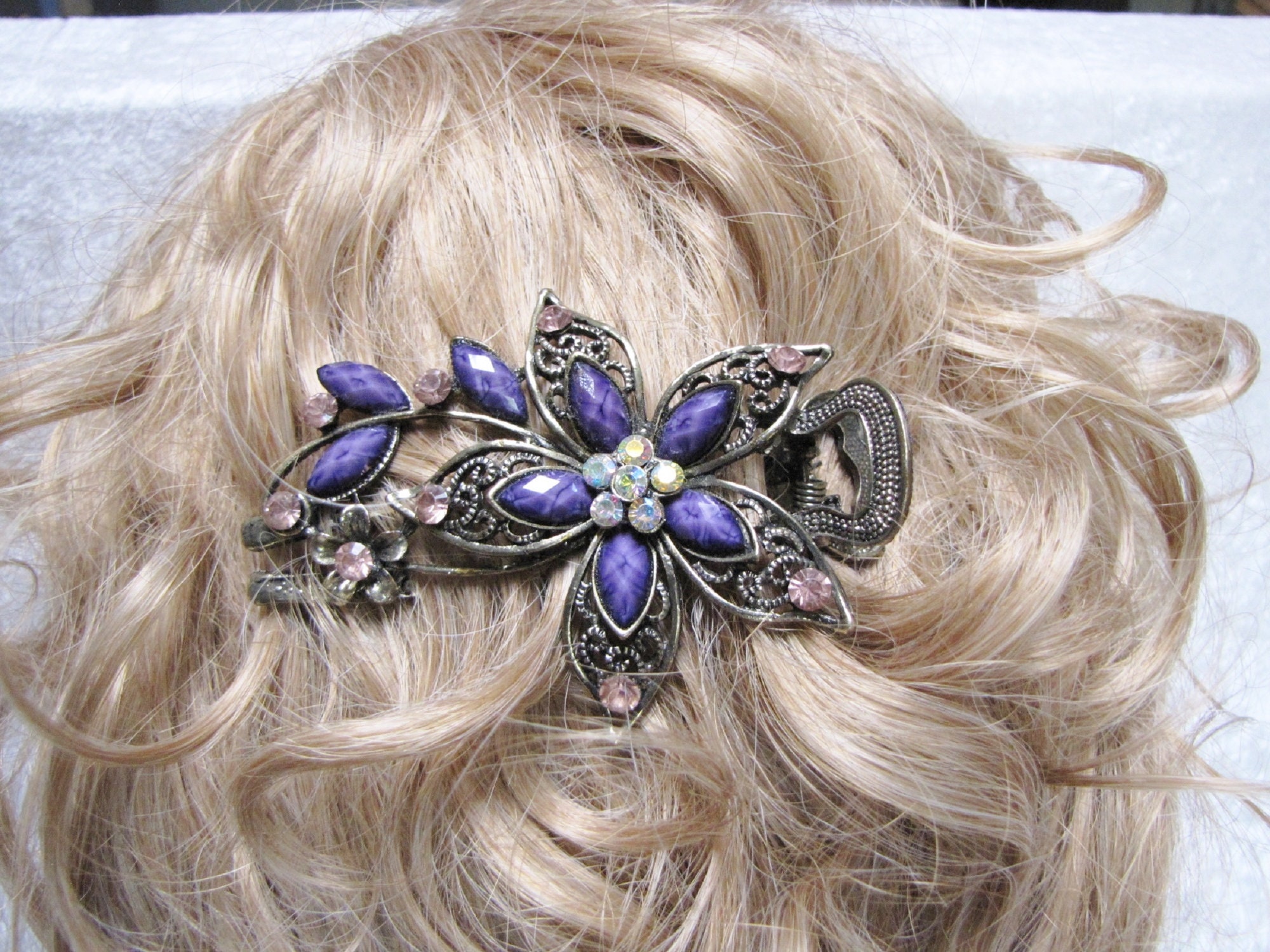 Gold Tone Flower Hair Clip, Lavender Gem & Rhinestone Hair