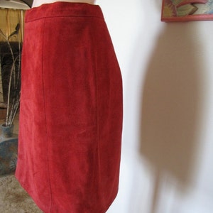 Stunning Vegan Red Leather Suede Knee Length Vintage Skirt, Office or Special Occasion, Size 10