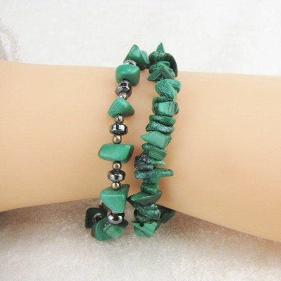 Malachite Beaded Stacking Bracelet Set, Green Sto… - image 6