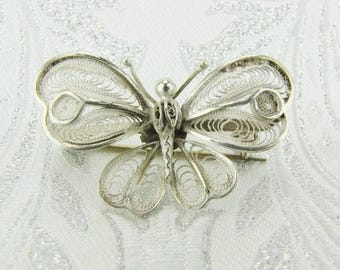 Dainty Vintage Silver Butterfly Lapel or Scarf Brooch, Small Delicate Filigree Pin