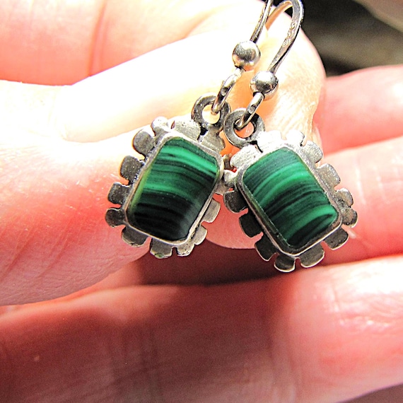 Sterling Silver Dangle Drop Malachite Western Ear… - image 2