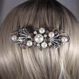 Pearl Rhinestone Barrette: Silver Floral Vine Hair Clip, Antique Vibe