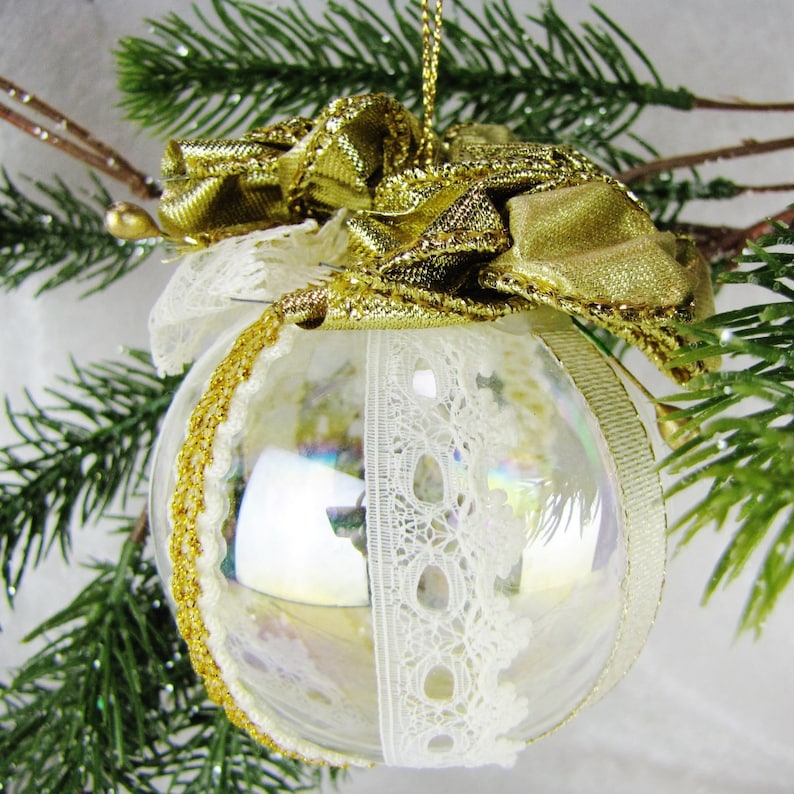 Fancy Clear Glass Christmas Ornament, Gold & White Ribbon and Lace