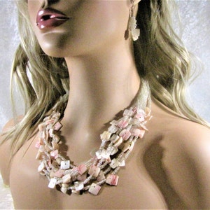 Delightful Shell Necklace Earring Set, Beach Shell Hippie Jewelry, Rustic Ocean Vibes, Multi-strand, Pale Pink, Unique Gifts For Her, Wife