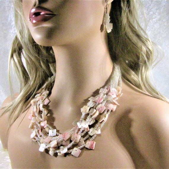 Delightful Shell Necklace Earring Set, Beach Shell Hippie Jewelry, Rustic Ocean Vibes, Multi-strand, Pale Pink, Unique Gifts For Her, Wife