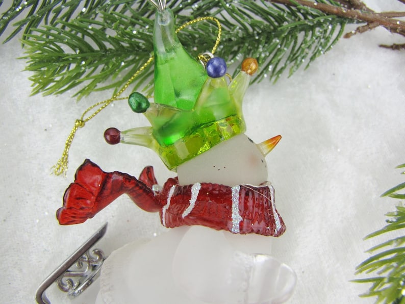 Ice Skating Snowman Ornament with Green Jester/'s Hat /& Red Scarf Snowman Ornament Self Standing Ornament Tree Decoration Sister Hostess Gift