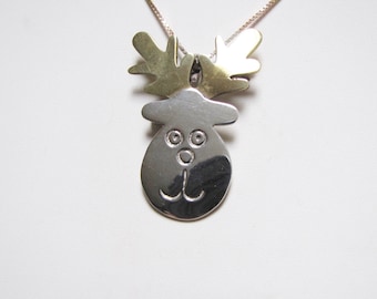 Broche de alce navideño vintage y collar con colgante de gargantilla, broche de reno de reliquia, plata de ley, joyería divertida, animal del Polo Norte