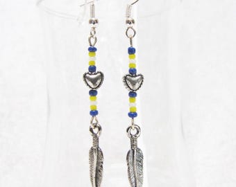Ethnic Beaded Feather Dangle Earrings, Tribal Boho Long Silver Earrings, Unique and Fun