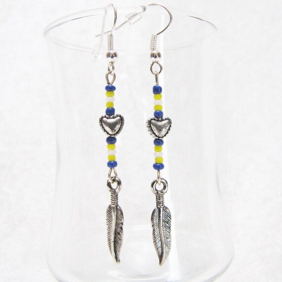 Ethnic Beaded Feather Dangle Earrings, Tribal Boh… - image 1