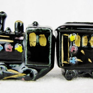 Vintage Train Salt and Pepper Shakers, Shabby Chic Shaker Set, Unique Kitschy Ceramic Porcelain Tableware Hand Painted, Stocking Stuffer