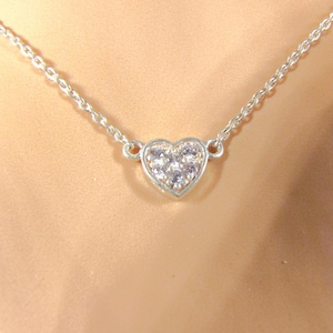 Cute Sterling Silver Heart Charm Necklace, Vintage Dainty Tiny Choker, Minimalist Small CZ Heart Love Necklace, Gift for Her,