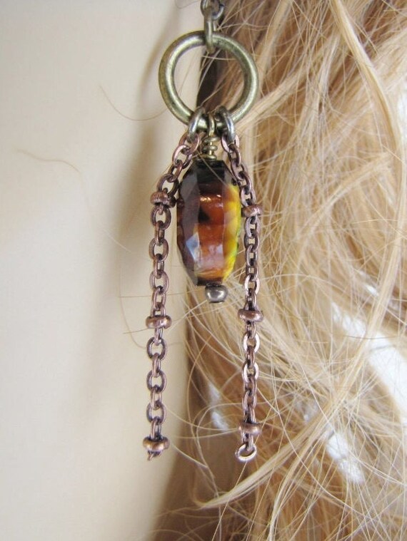 Edgy Chain Earrings, Brass, Copper & Tiger Eye Sto