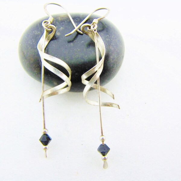 Modern Abstract Earrings Sterling Silver Black Crystal Dangles Long Pendant Earrings Gifts For Her Silver Ribbon Modernist Jewelry