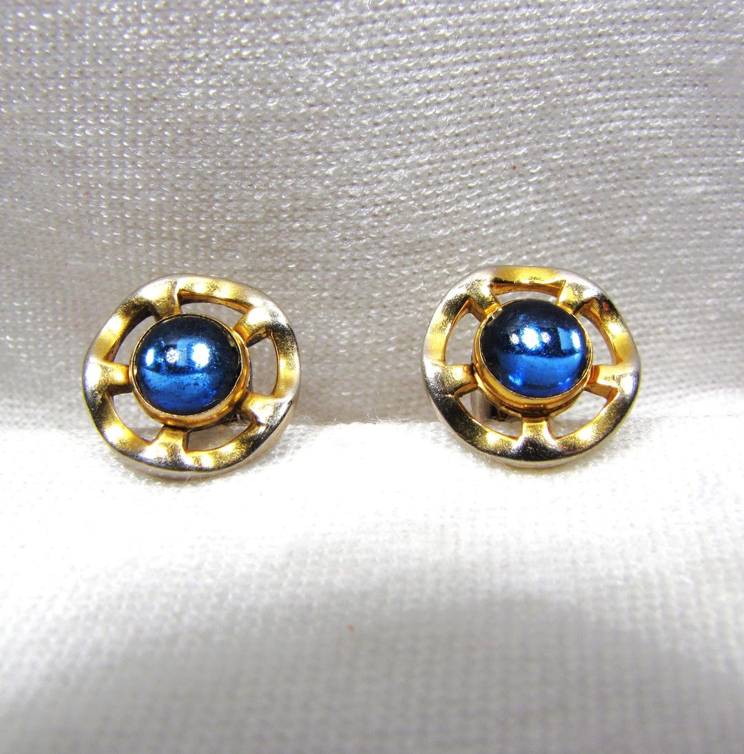 Men's Gold Square Cufflinks With Sapphire Blue Crystal - Vintage Style 16mm X 16mm, Gold Plated