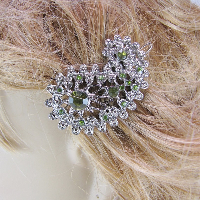 Green Crystal Silver Hair Barrette Clip Filigree Rhinestone Etsy