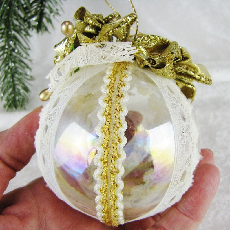 Fancy Clear Glass Christmas Ornament Gold & White Ribbon and Etsy