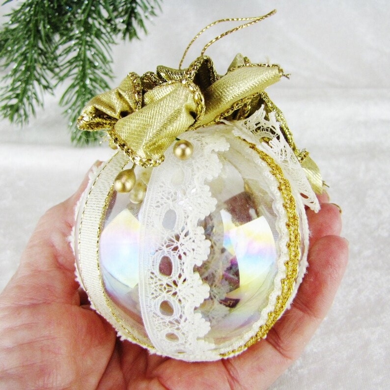 Fancy Clear Glass Christmas Ornament Gold & White Ribbon and Etsy