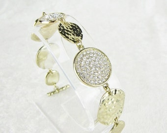 Vintage Boho Crystal Bracelet: Hammered Gold-Tone Coin Link
