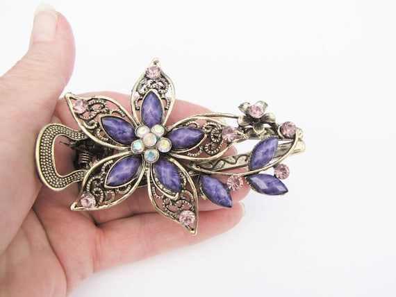 Gold Flower Hair Clip, Lavender Gem & Rhinestone … - image 1