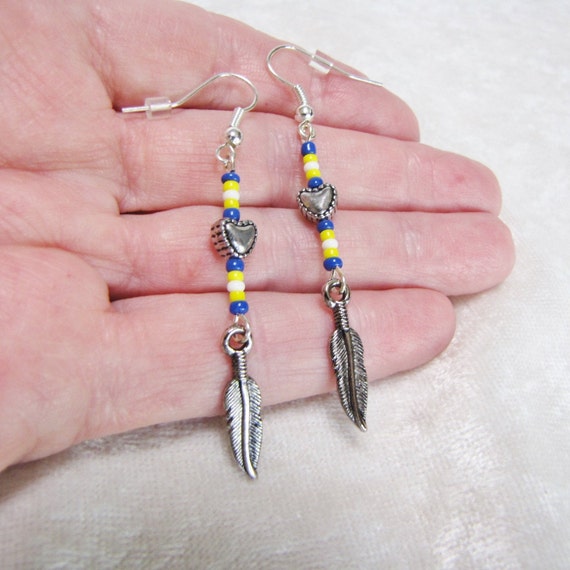 Ethnic Beaded Feather Dangle Earrings, Tribal Boh… - image 3