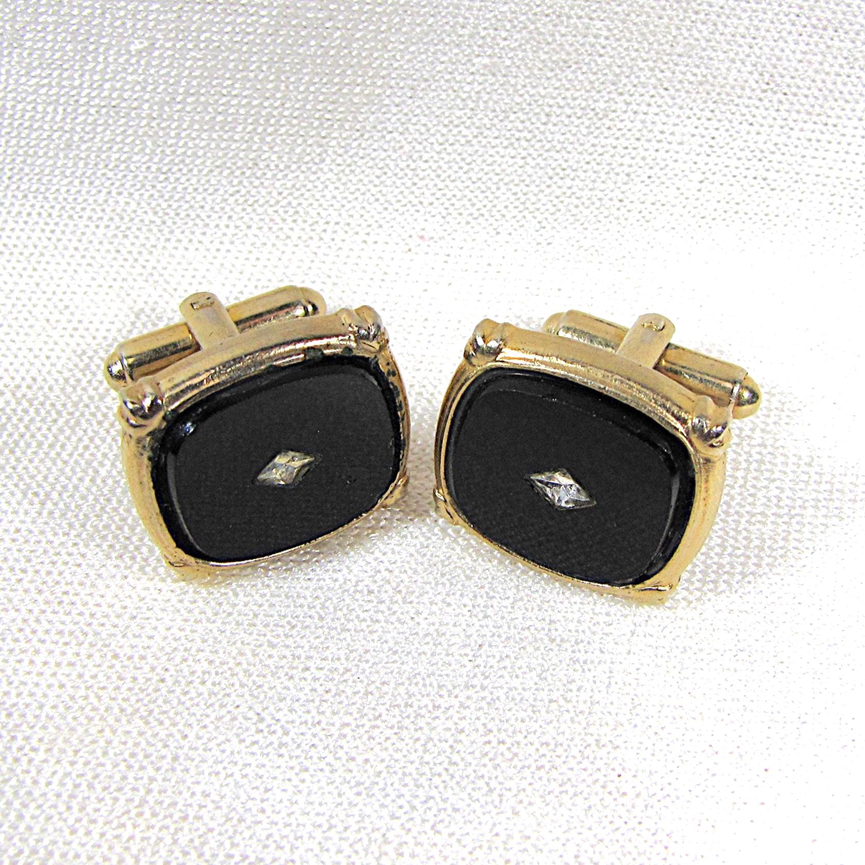 Boutons De Manchette 14K Or Jaune Avec Pierre Centrale Onyx Noire - Occasion
