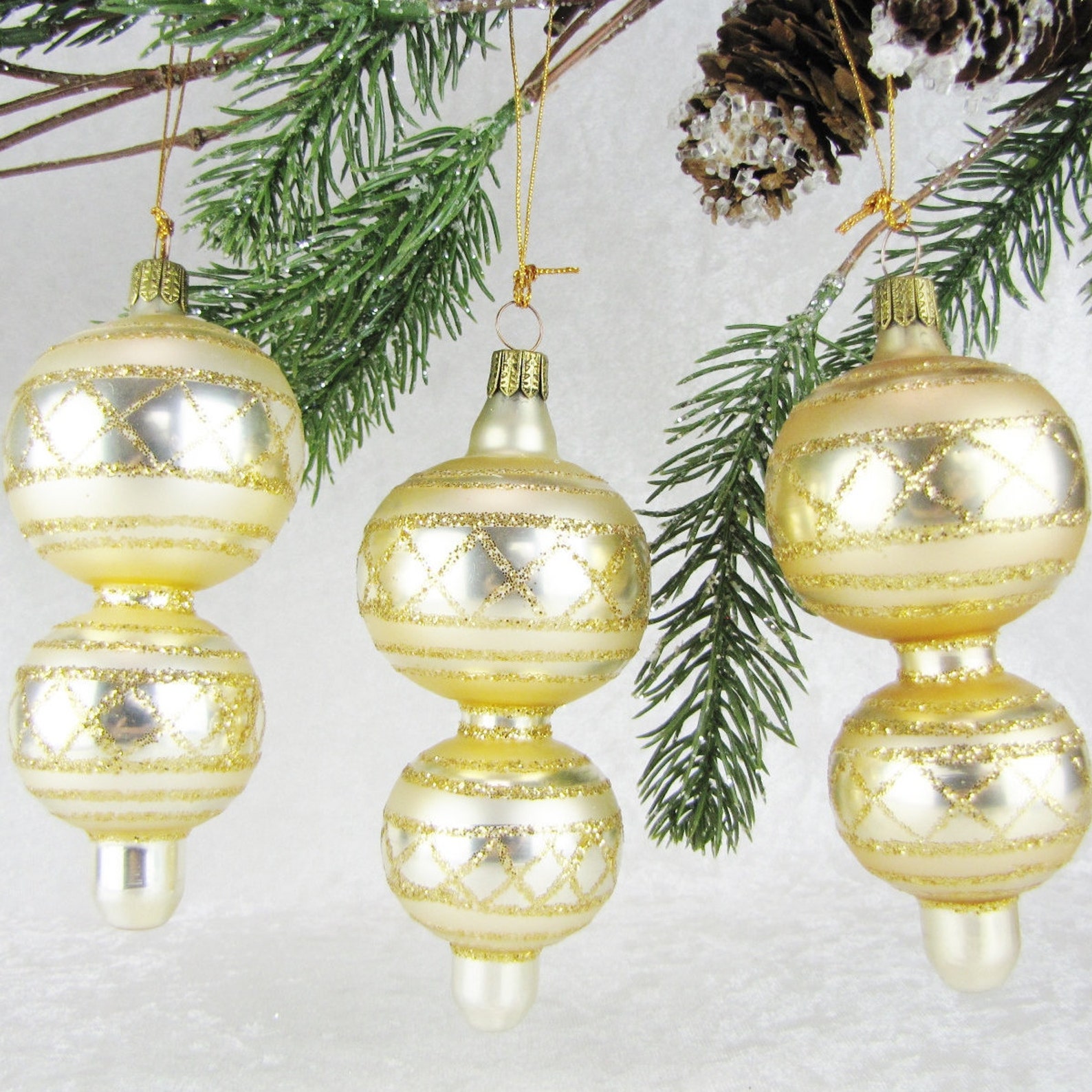 German Christmas Holiday Ornaments Set Unique Vintage Family Tree Decorations Glass Gold Glitter Christmas Baubles Tree Décor