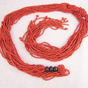 Extra Long Red Seed Beads Knot Statement Necklace, Unique Boho Hippie, Rope Fringe Necklace,  Unique Gift For Her