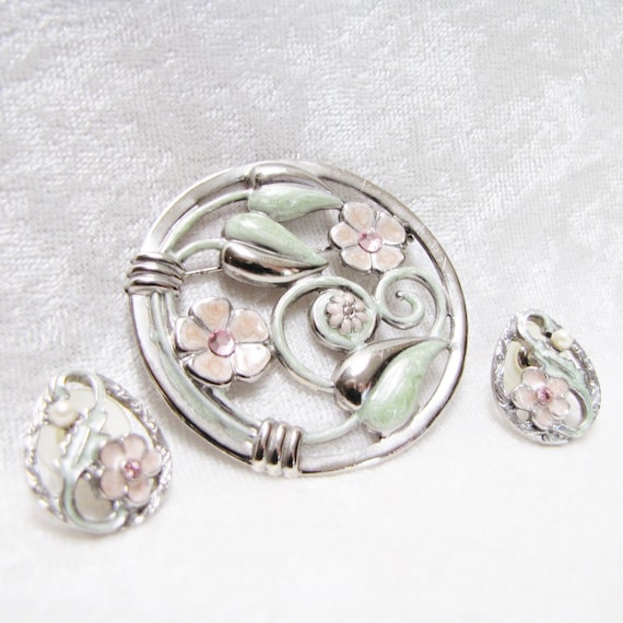 Floral Womans Earrings Brooch Set Jewelry,  Pastel Green & Pink Enamel Pin, 1928 Co Victorian, Gifts For Her