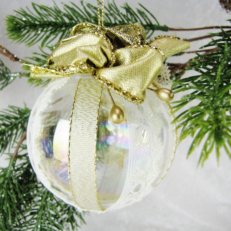 Fancy Clear Glass Christmas Ornament Gold & White Ribbon and Etsy