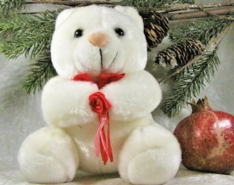 Adorable White Stuffed Baby Polar Bear Plushie Holding a Rose, Teddy Bear, Gift for Her, Gift for Kids