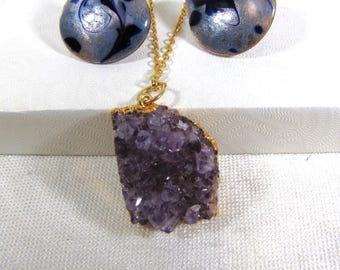 Purple Amethyst Slab Druzy Pendant Necklace, Blue Enamel On Copper Earrings, Women's Jewelry Set, Raw Amethyst, Boho Jewelry