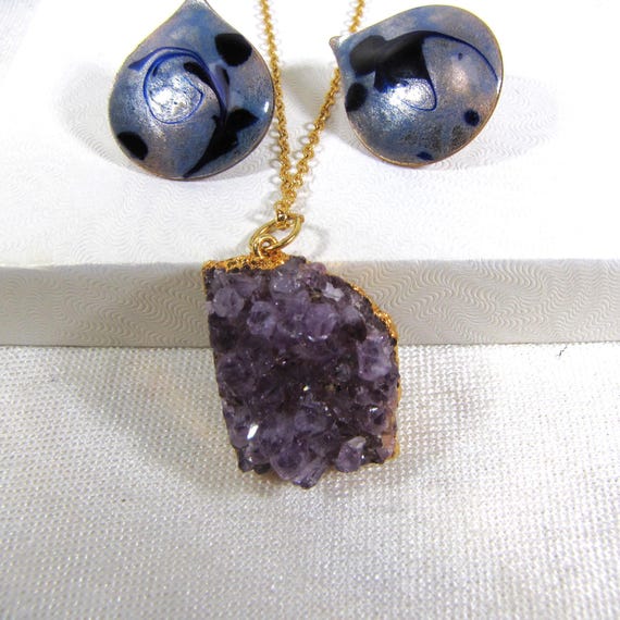 Purple Amethyst Slab Druzy Pendant Necklace, Blue Enamel On Copper Earrings, Women's Jewelry Set, Raw Amethyst, Boho Jewelry