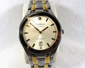 Men's Vintage Stainless Steel Quartz Battery Wrist Watch, Gold Silver Steel Band, Diamond Accent Analog By Armitron