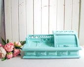 Teal Vintage Jewelry Valet Box, Aqua Roll Top Desk Style Wooden Jewelry Box, Mint Desktop Jewelry Holder, Shabby Chic Jewelry Box