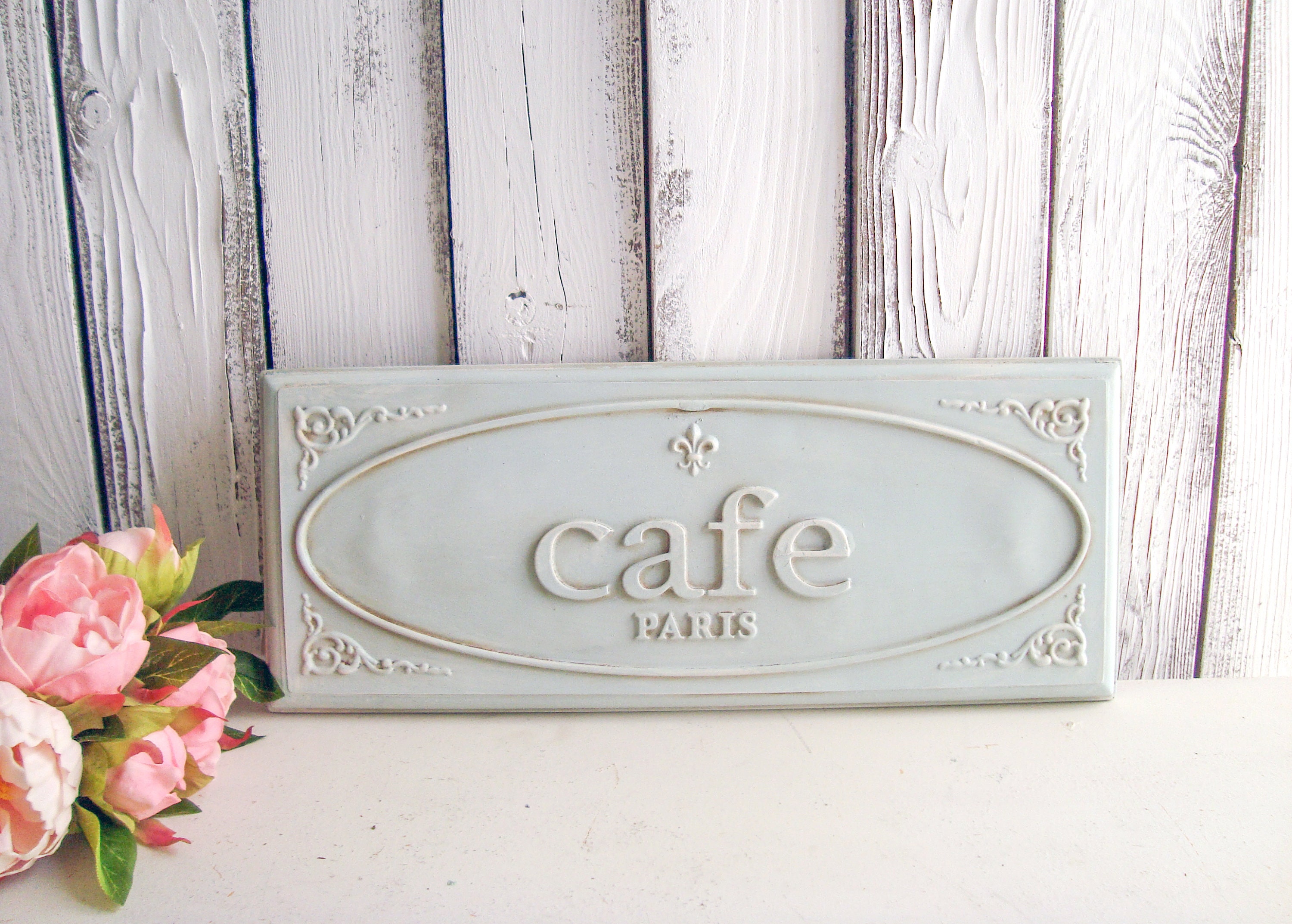French Blue Cafe Wall Plaque Shabby Chic Decor Paris French Blue Cafe Wall Plaque Shabby Chic Decor Paris Farmhouse Kitchen Rustic Dining Room Fleur De Lis Sign