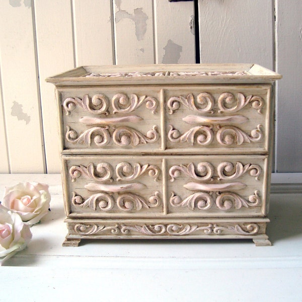 Antique Cream and Baby Pink Ornate Vintage Plastic Jewelry Box, Craft Box, Supply Storage Box, Shabby Chic Ornate Box, Sewing Storage Box