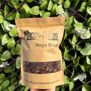Könnte beinhalten: Ein brauner Papiersack mit "Hoya Blend" Blumenerde mit einem transparenten Fenster, gehalten in einer Hand. Auf dem Beutel sind das "MADDWOODS"-Logo und die Website-Adresse www.shopmaddwoods.com aufgedruckt. Der Hintergrund zeigt grüne Blätter und weiße Blüten.