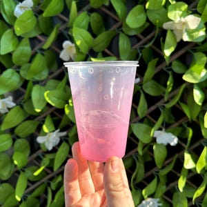 May include: A clear plastic cup filled with a pink liquid, held in a hand. The cup has a slightly flared shape and is translucent. The background features green leaves and white flowers.
